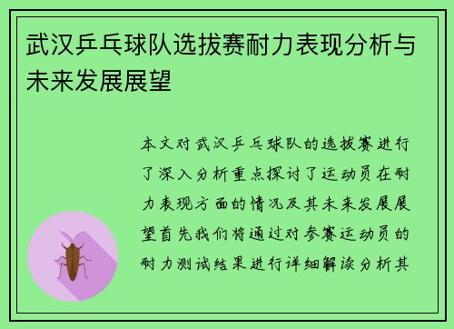 武汉乒乓球队选拔赛耐力表现分析与未来发展展望